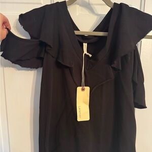 Lanston Black Ruffle Blouse Cold Shoulder Tencel Blend Top Size M NWT